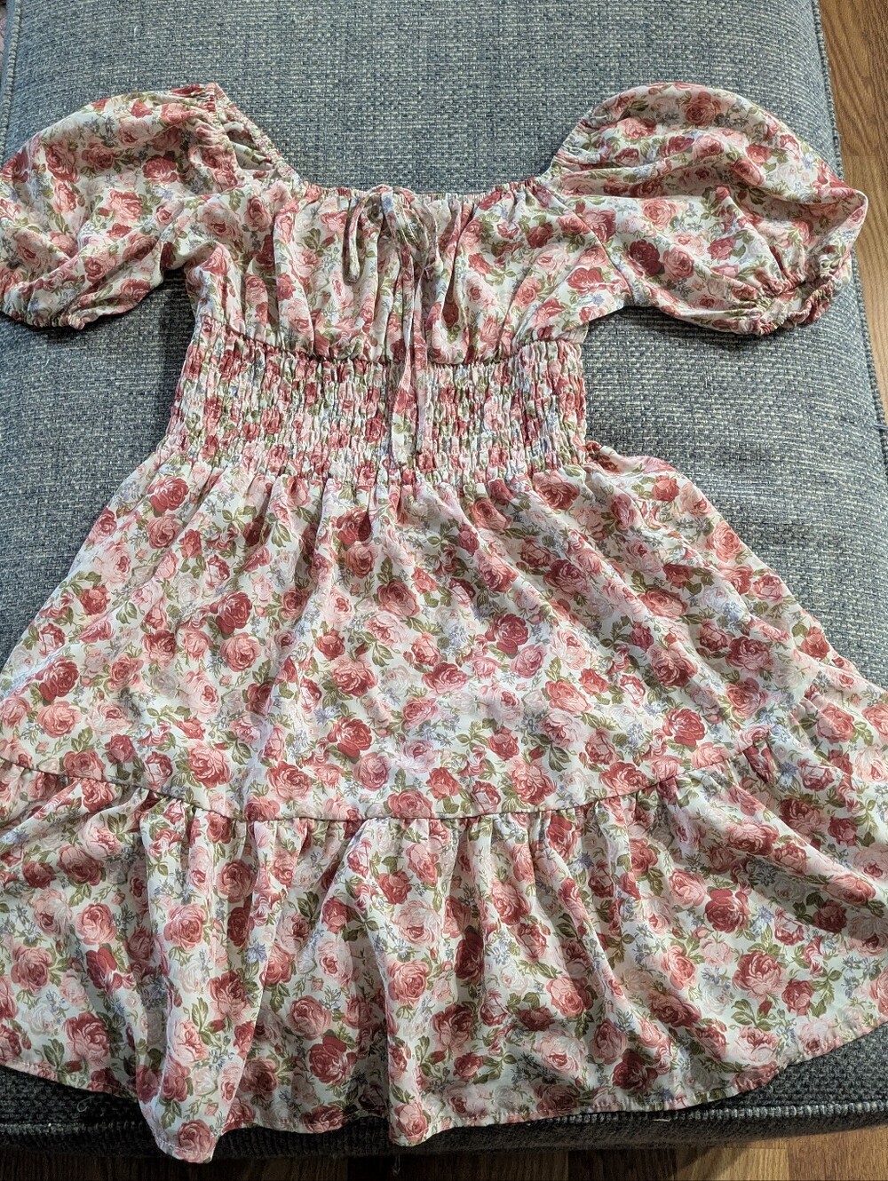 Floral Puff Sleeve Smocked Waist Dress - Pink Rose Print